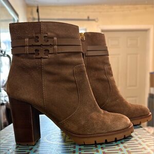Tory Burch Brown and Cream Ankle Booties with Chunky Sole